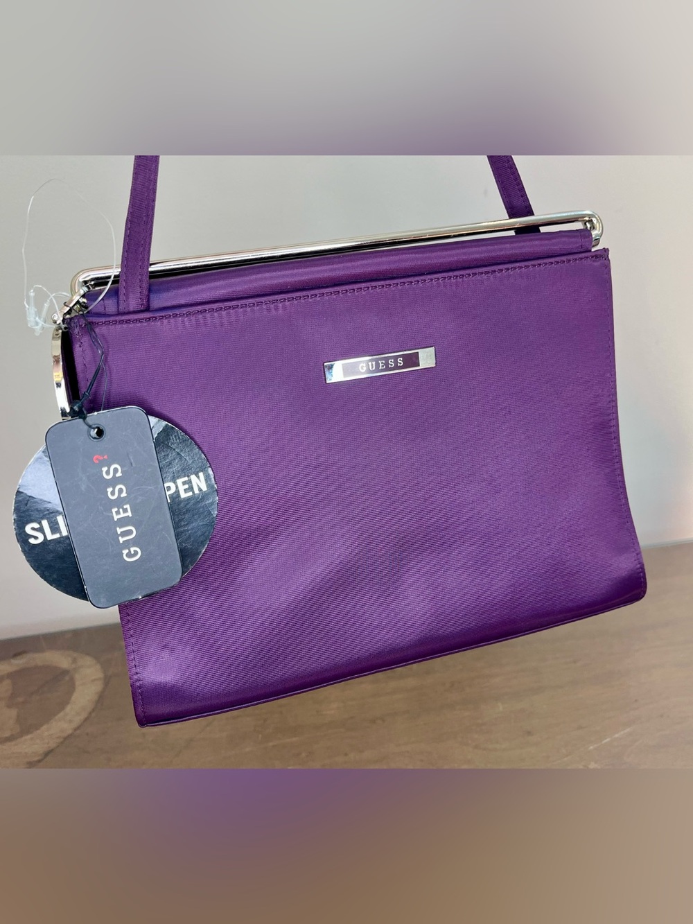 Guess Galaxy Satin Handbag in Plum, NWT Beautiful Unique Y2K, Slide To Open
